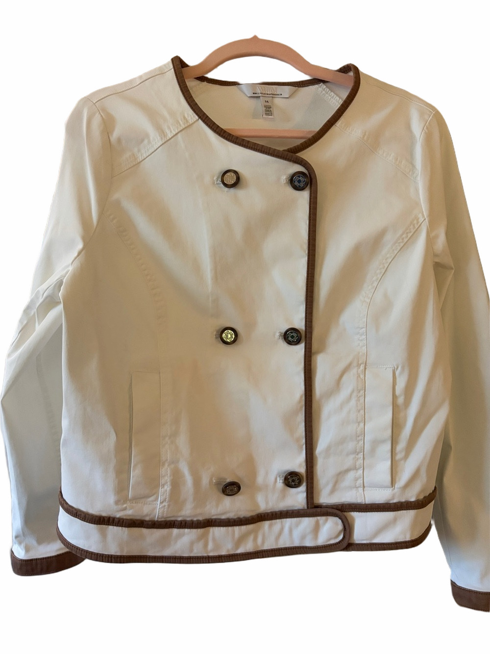WHBM white cotton double breasted jacket piped in brown Jean jacket S. size 14